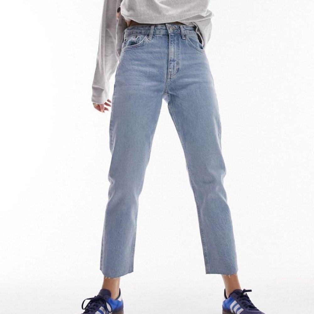 Topshop Cropped High Rise Straight Leg Denim Jeans Raw Hems in Bleach Size 28